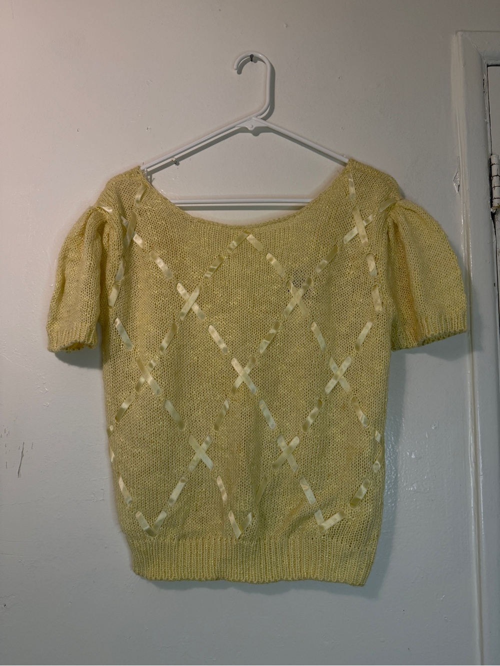 Vintage Penguin B.K. Pastel Yellow Ribbon Lattice Knit Sweater